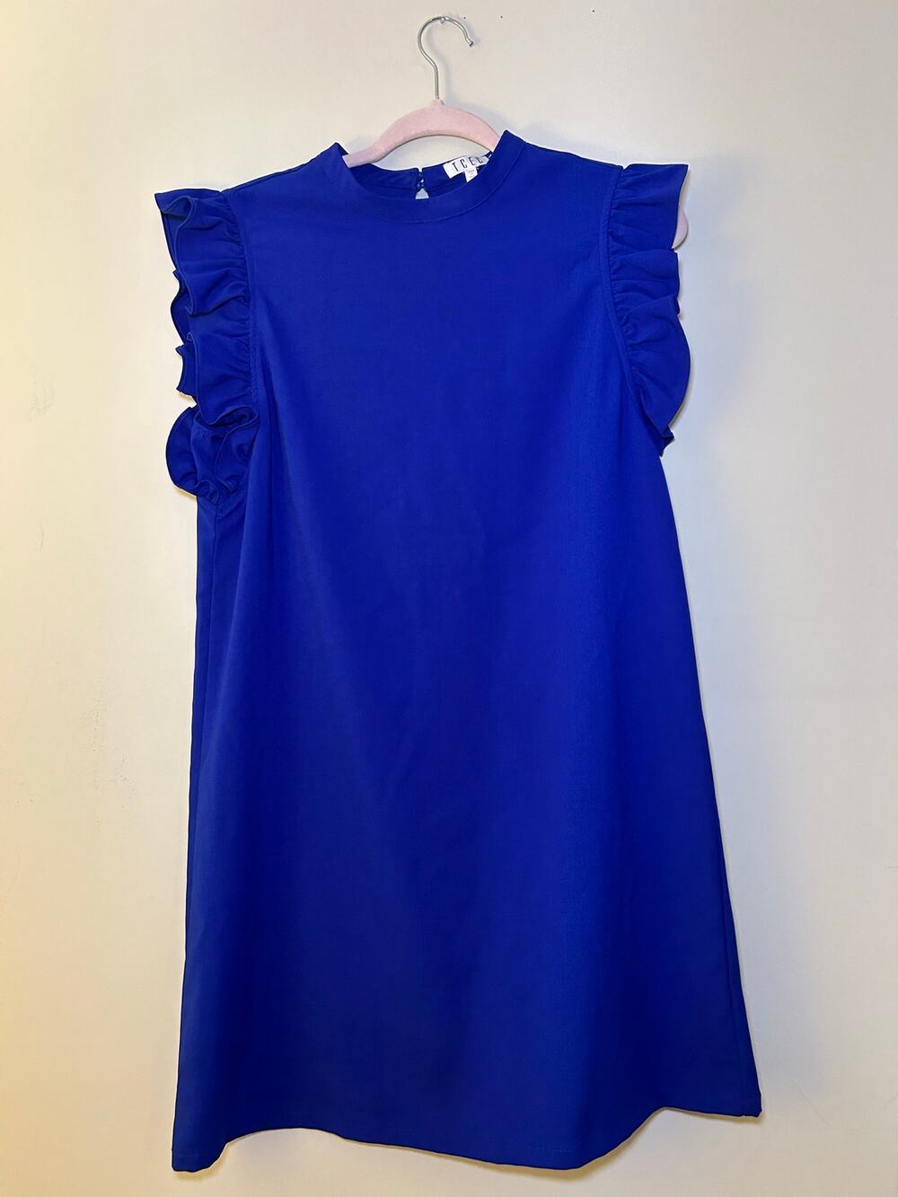 Cobalt Blue Ruffle Shoulder Shift Mini Dress Size M